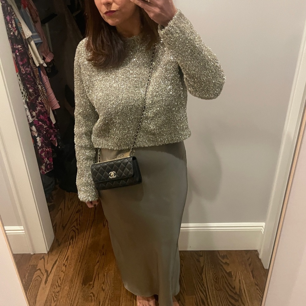 All Saints two piece dress and holiday sweater gold. Size M